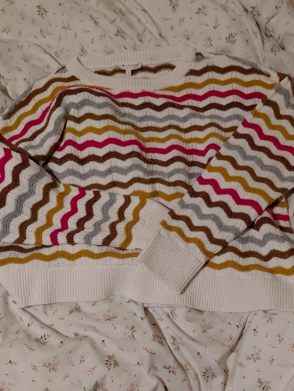 LOFT Cream Crewneck Sweater with Mustard, Brown, Gray & Pink Waves